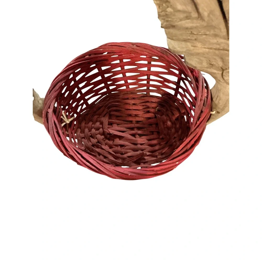 Vintage Hand Carved Wood Deer Handle Red Wicker Basket Rustic Folk Art 15x12x8.5